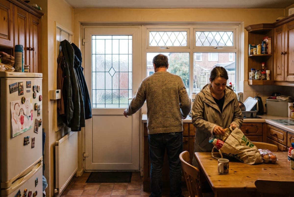 A couple in the kitchen of a 1930s semi at the end of the day, one at the thermostat, the other unpacking shopping.