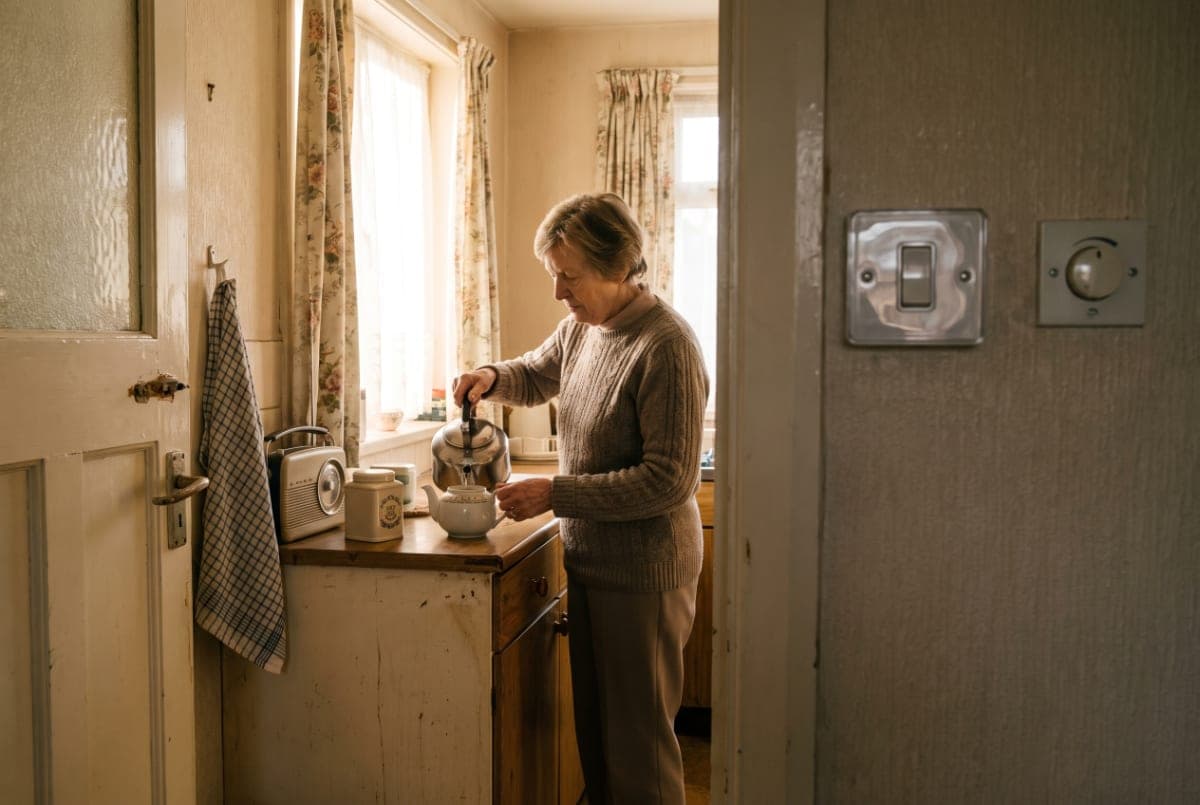An older woman making tea in her own kitchen, with a large rocker light switch and a simple wall control by the door.