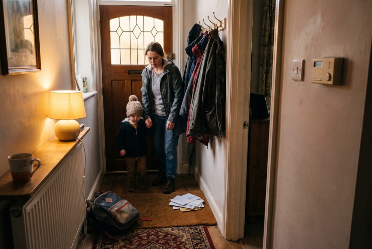 A woman and her child coming in through the front door of a terraced house at the end of the day, coats going onto hooks.