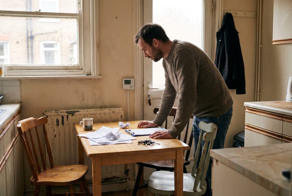 A landlord at a kitchen table in a terraced flat, keys and paperwork beside him, checking the thermostat on the wall.