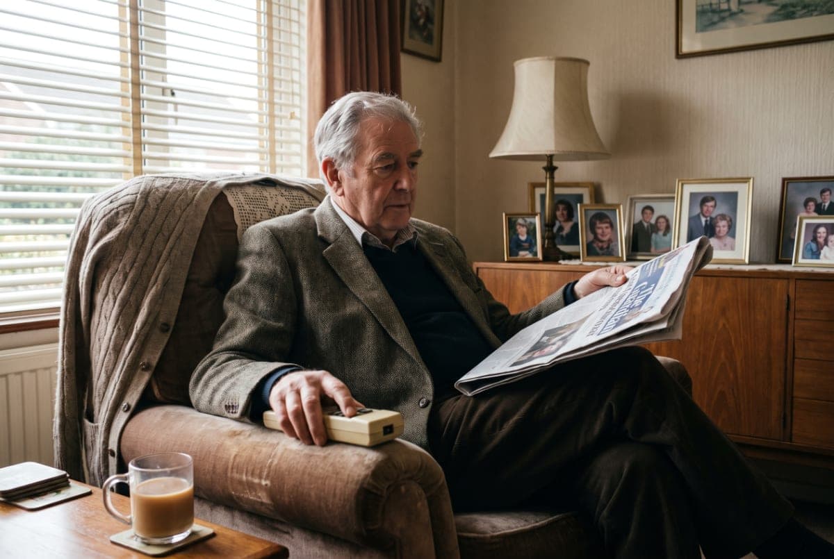 A man in his seventies reading the paper in his armchair, a single-button remote resting under his hand on the arm of the chair.