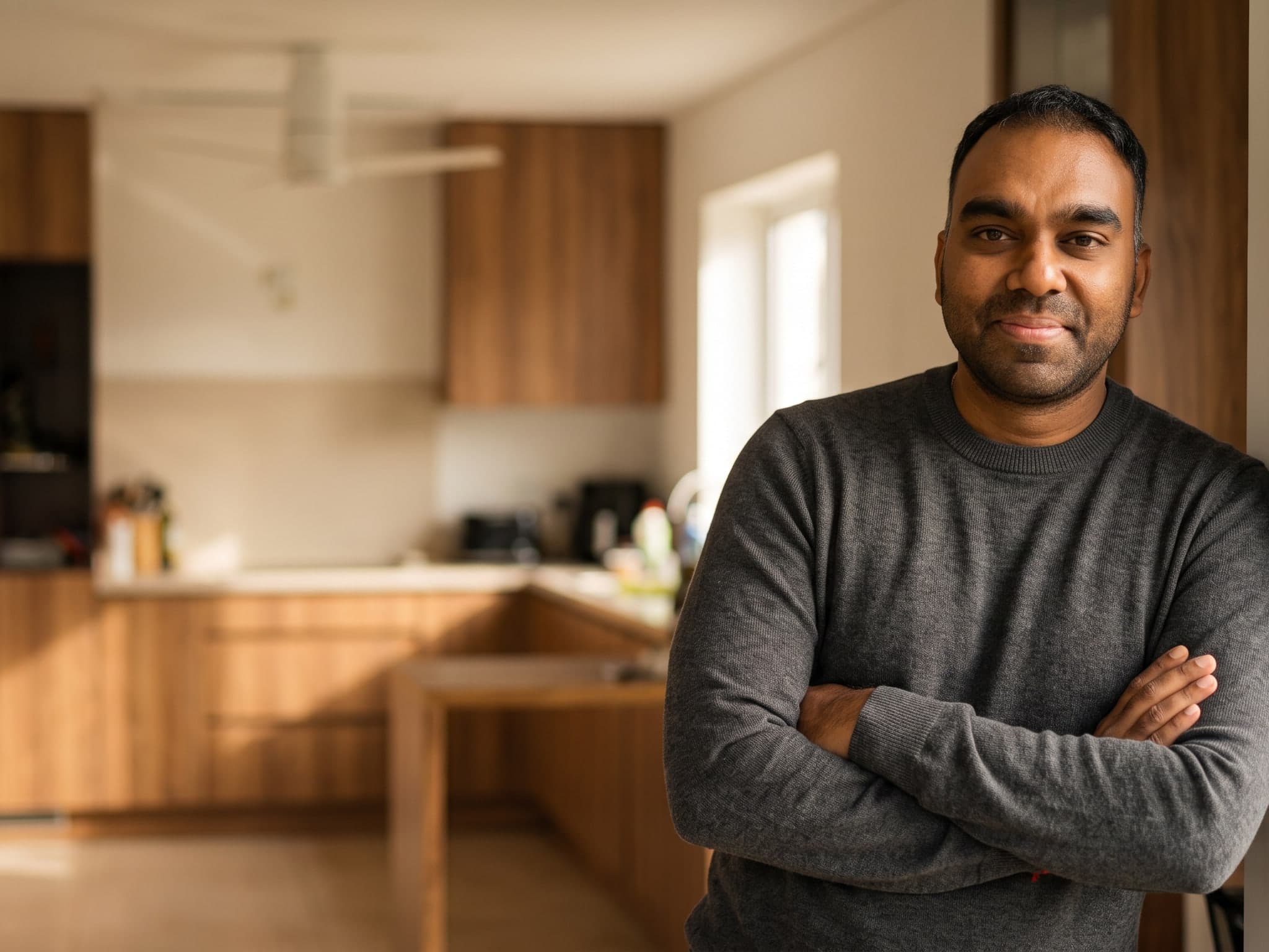 Ash leaning against a kitchen doorway in warm afternoon light, arms folded